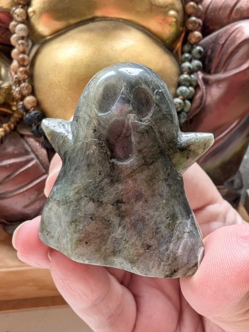 Hand Carved Labradorite Polished Stone Ghost (A) 👻 With Blue Flash